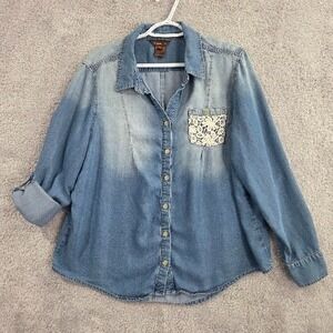 Petite XL Soft Lyocell Denim Look Shirt Lace Pocket Roll Tab Sleeve Blue PXL